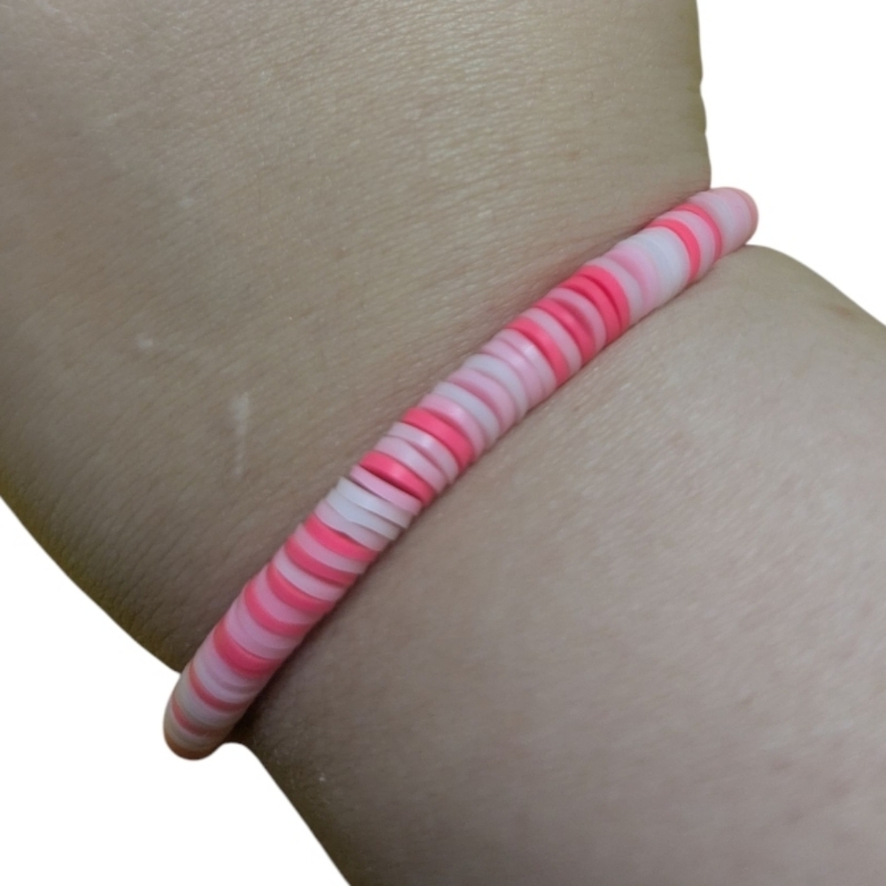 Handmade Bracelet Clay Beads Pink White Hand Crafted Stretchy NEW